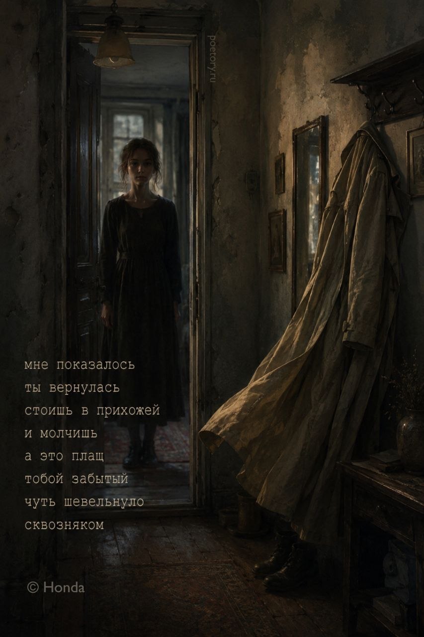 мне показалось ты вернулась
стоишь в прихожей и молчишь
а это плащ тобой забытый
чуть шевельнуло сквозняком мне показалось ты вернулась стоишь в прихожей и молчишь а это плащ тобой забытый чуть шевельнуло сквозняком — Honda, иллюстрация, 09 мая 2026, Поэторий