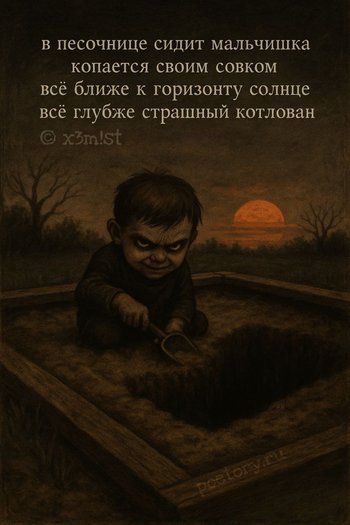 в песочнице сидит мальчишка копается своим совком всё ближе к горизонту солнце всё глубже страшный котлован — x3m!st, иллюстрация, 05 мая 2025, Поэторий