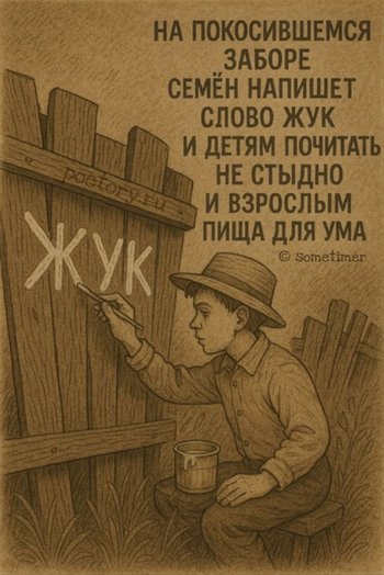 на покосившемся заборе семен напишет слово жук и детям почитать не стыдно и взрослым пища для ума — sometimer, иллюстрация, 05 мая 2025, Поэторий