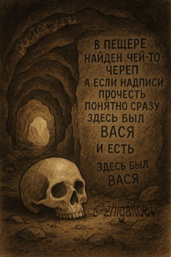 в пещере найден чей то череп а если надписи прочесть понятно сразу здесь был вася и есть — zhigaltcev, иллюстрация, 05 мая 2025, Поэторий