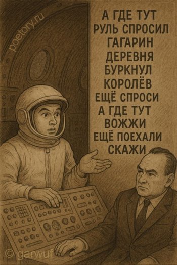 а где тут руль спросил гагарин деревня буркнул королёв ещё спроси а где тут вожжи ещё поехали скажи — garwuf, иллюстрация, 05 мая 2025, Поэторий
