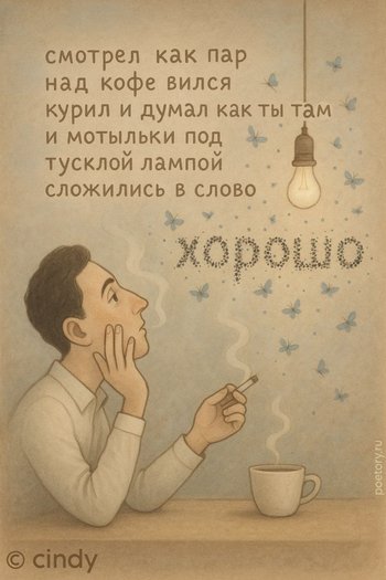 смотрел как пар над кофе вился курил и думал как ты там и мотыльки под тусклой лампой сложились в слово хорошо — cindy, иллюстрация, 05 мая 2025, Поэторий