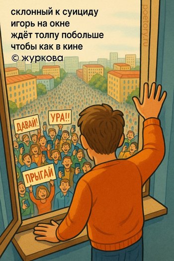 склонный к суициду игорь на окне ждёт толпу побольше чтобы как в кине — журкова, иллюстрация, 05 мая 2025, Поэторий