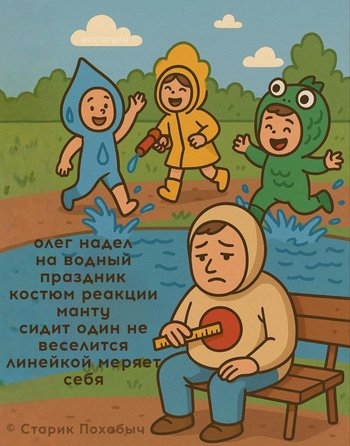 олег надел на водный праздник костюм реакции манту сидит один не веселится линейкой меряет себя — Старик Похабыч, иллюстрация, 06 мая 2025, Поэторий