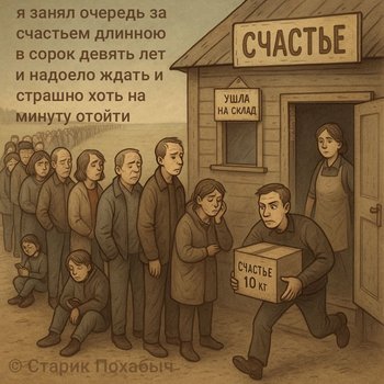 я занял очередь за счастьем длинною в сорок девять лет и надоело ждать и страшно хоть на минуту отойти — Старик Похабыч, иллюстрация, 07 мая 2025, Поэторий