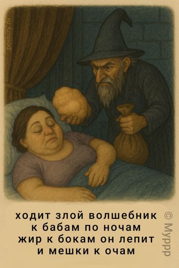ходит злой волшебник к бабам по ночам жир к бокам он лепит и мешки к очам — Муррр, иллюстрация, 07 мая 2025, Поэторий