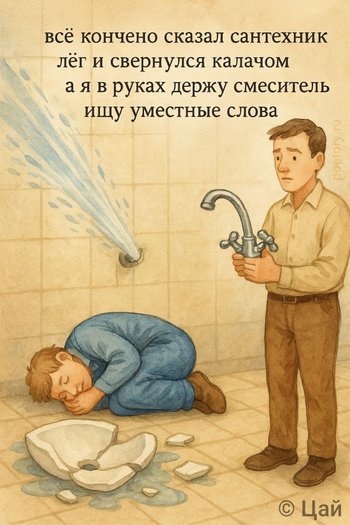 всё кончено сказал сантехник лёг и свернулся калачом а я в руках держу смеситель ищу уместные слова — Олеся Цай, иллюстрация, 08 мая 2025, Поэторий