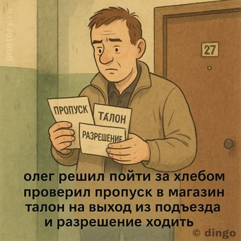 олег решил пойти за хлебом проверил пропуск в магазин талон на выход из подъезда и разрешение ходить — Диана Горчакова, иллюстрация, 09 мая 2025, Поэторий