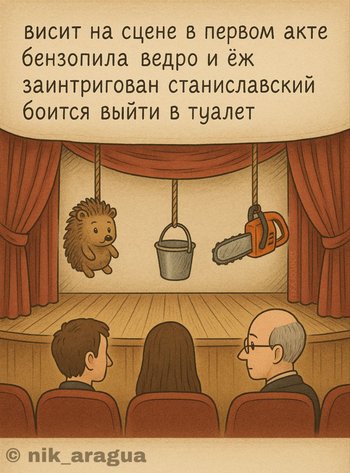 висит на сцене в первом акте бензопила ведро и ёж заинтригован станиславский боится выйти в туалет — nik-aragua, иллюстрация, 10 мая 2025, Поэторий