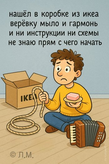 нашёл в коробке из икеа верёвку мыло и гармонь и ни инструкции ни схемы не знаю прям с чего начать — Л.М., иллюстрация, 10 мая 2025, Поэторий
