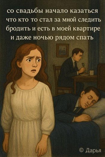 со свадьбы начало казаться что ктото стал за мной следить бродить и есть в моей квартире и даже ночью рядом спать — Дарья, иллюстрация, 12 мая 2025, Поэторий