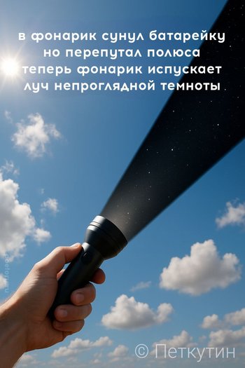 в фонарик сунул батарейку но перепутал полюса теперь фонарик испускает луч непроглядной темноты — Petkutin, иллюстрация, 13 мая 2025, Поэторий
