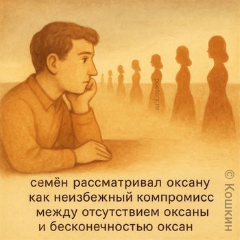 семён рассматривал оксану как неизбежный компромисс между отсутствием оксаны и бесконечностью оксан — Кошкин, иллюстрация, 16 мая 2025, Поэторий