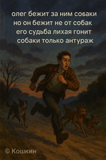 олег бежит за ним собаки но он бежит не от собак его судьба лихая гонит собаки только антураж — Кошкин, иллюстрация, 17 мая 2025, Поэторий