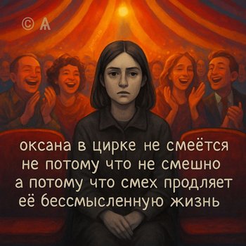 оксана в цирке не смеётся не потому что не смешно а потому что смех продляет её бессмысленную жизнь — ѧ, иллюстрация, 17 мая 2025, Поэторий