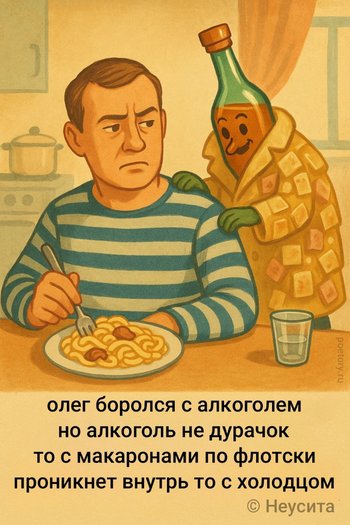 олег боролся с алкоголем но алкоголь не дурачок то с макаронами по флотски проникнет внутрь то с холодцом — Неусита, иллюстрация, 18 мая 2025, Поэторий