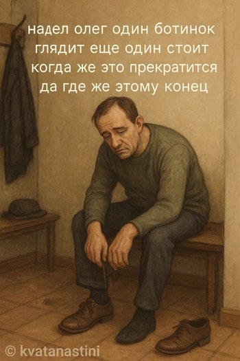 надел олег один ботинок глядит еще один стоит когда же это прекратится да где же этому конец — kvatanastini, иллюстрация, 18 мая 2025, Поэторий