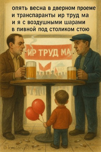 опять весна в дверном проеме и транспаранты ир труд ма и я с воздушными шарами в пивной под столиком стою — kvatanastini, иллюстрация, 20 мая 2025, Поэторий
