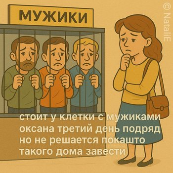 стоит у клетки с мужиками оксана третий день подряд но не решается покашто такого дома завести — Natalie, иллюстрация, 22 мая 2025, Поэторий