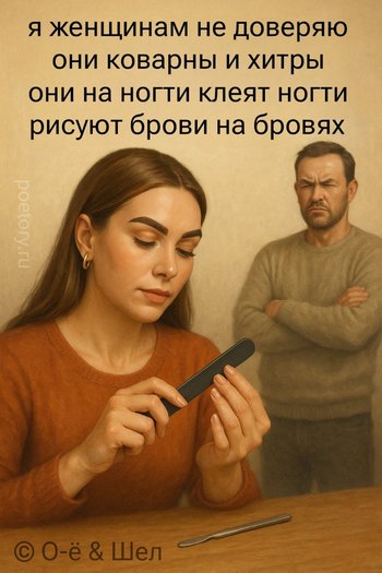 я женщинам не доверяю они коварны и хитры они на ногти клеят ногти рисуют брови на бровях — О-ё, иллюстрация, 29 мая 2025, Поэторий