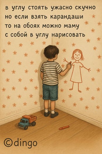 в углу стоять ужасно скучно но если взять карандаши то на обоях можно маму с собой в углу нарисовать — dingo, иллюстрация, 30 мая 2025, Поэторий