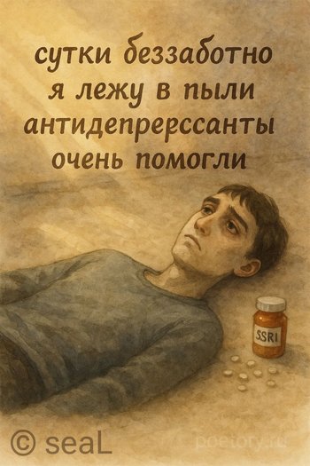 сутки беззаботно я лежу в пыли антидепрессанты очень помогли — seaL, иллюстрация, 04 июня 2025, Поэторий