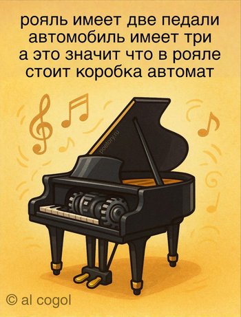 рояль имеет две педали автомобиль имеет три а это значит что в рояле стоит коробка автомат — al cogol, иллюстрация, 07 июня 2025, Поэторий