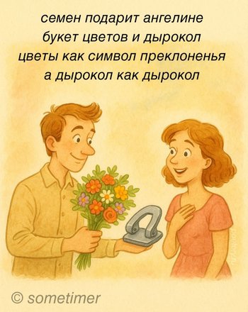 семен подарит ангелине букет цветов и дырокол цветы как символ преклоненья а дырокол как дырокол — sometimer, иллюстрация, 12 июня 2025, Поэторий
