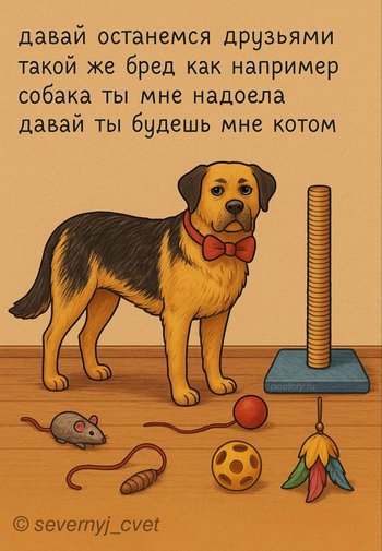 давай останемся друзьями такой же бред как например собака ты мне надоела давай ты будешь мне котом — severnyj_cvet, иллюстрация, 19 июня 2025, Поэторий