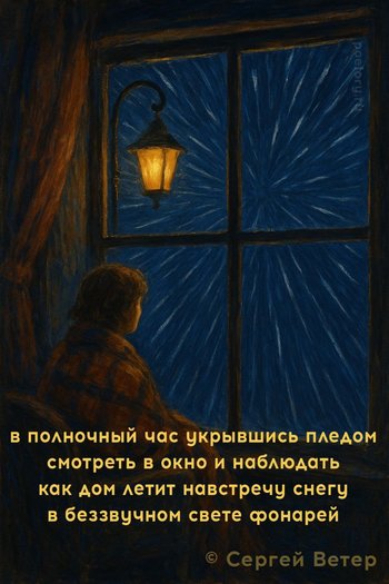 в полночный час укрывшись пледом смотреть в окно и наблюдать как дом летит навстречу снегу в беззвучном свете фонарей — serg-private, иллюстрация, 25 июня 2025, Поэторий