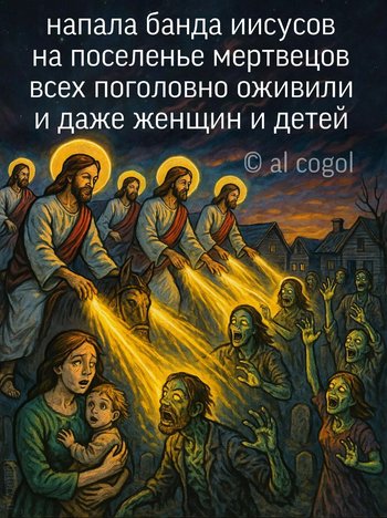 напала банда иисусов на поселенье мертвецов всех поголовно оживили и даже женщин и детей — al cogol, иллюстрация, 08 июля 2025, Поэторий