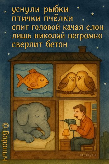 уснули рыбки птички пчёлки спит головой качая слон лишь николай негромко сверлит бетон — Вороныч, иллюстрация, 10 июля 2025, Поэторий