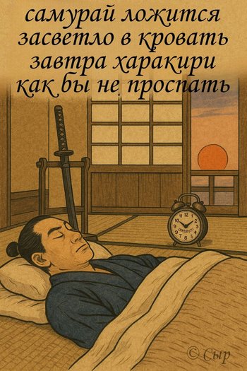 самурай ложится
засветло в кровать
завтра харакири
как бы не проспать самурай ложится засветло в кровать завтра харакири как бы не проспать — Сыр, иллюстрация, 11 июля 2025, Поэторий
