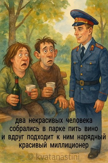 два некрасивых человека
собрались в парке пить вино
и вдруг подходит к ним нарядный
красивый миллиционер два некрасивых человека собрались в парке пить вино и вдруг подходит к ним нарядный красивый миллиционер — kvatanastini, иллюстрация, 14 июля 2025, Поэторий