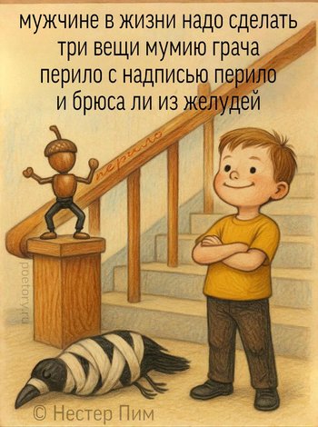 мужчине в жизни надо сделать
три вещи мумию грача
перило с надписью перило
и брюса ли из желудей мужчине в жизни надо сделать три вещи мумию грача перило с надписью перило и брюса ли из желудей — Нестер Пим, иллюстрация, 21 июля 2025, Поэторий