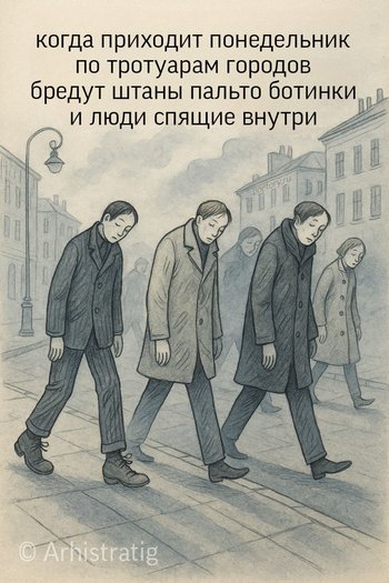 когда приходит понедельник
по тротуарам городов
бредут штаны пальто ботинки
и люди спящие внутри когда приходит понедельник по тротуарам городов бредут штаны пальто ботинки и люди спящие внутри — Arhistratig, иллюстрация, 24 июля 2025, Поэторий