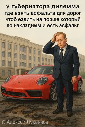 у губернатора дилемма
где взять асфальта для дорог
чтоб ездить на порше который
по накладным и есть асфальт у губернатора дилемма где взять асфальта для дорог чтоб ездить на порше который по накладным и есть асфальт — Алексей Лукьянов, иллюстрация, 29 июля 2025, Поэторий