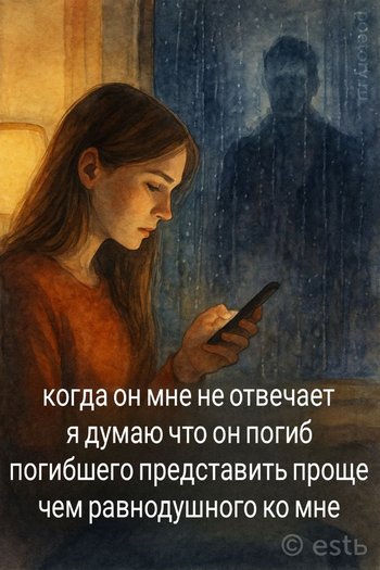 когда он мне не отвечает
я думаю что он погиб
погибшего представить проще
чем равнодушного ко мне когда он мне не отвечает я думаю что он погиб погибшего представить проще чем равнодушного ко мне — estь, иллюстрация, 30 июля 2025, Поэторий