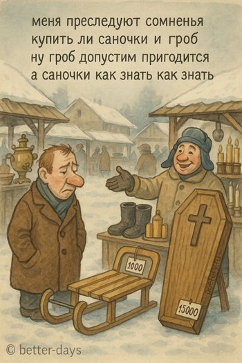 меня преследуют сомненья
купить ли саночки и гроб
ну гроб допустим пригодится
а саночки как знать как знать меня преследуют сомненья купить ли саночки и гроб ну гроб допустим пригодится а саночки как знать как знать — better days, иллюстрация, 04 августа 2025, Поэторий