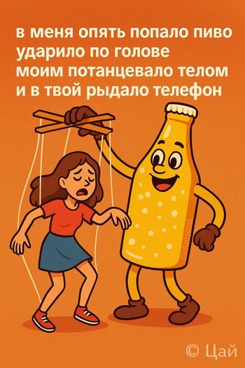 в меня опять попало пиво
ударило по голове
моим потанцевало телом
и в твой рыдало телефон в меня опять попало пиво ударило по голове моим потанцевало телом и в твой рыдало телефон — Цай, иллюстрация, 06 августа 2025, Поэторий