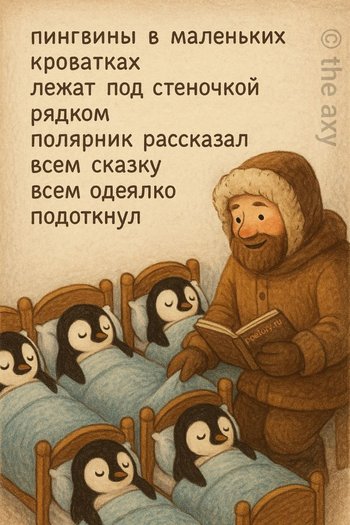 пингвины в маленьких кроватках
лежат под стеночкой рядком
полярник рассказал всем сказку
всем одеялко подоткнул пингвины в маленьких кроватках лежат под стеночкой рядком полярник рассказал всем сказку всем одеялко подоткнул — the axy, иллюстрация, 22 августа 2025, Поэторий