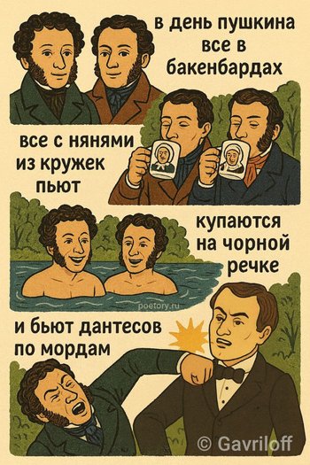 в день пушкина все в бакенбардах
все с нянями из кружек пьют
купаются на чорной речке
и бьют дантесов по мордам в день пушкина все в бакенбардах все с нянями из кружек пьют купаются на чорной речке и бьют дантесов по мордам — Gavriloff, иллюстрация, 24 августа 2025, Поэторий