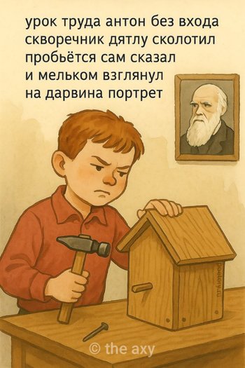 урок труда антон без входа
скворечник дятлу сколотил
пробьётся сам сказал и мельком
взглянул на дарвина портрет урок труда антон без входа скворечник дятлу сколотил пробьётся сам сказал и мельком взглянул на дарвина портрет — the axy, иллюстрация, 26 августа 2025, Поэторий