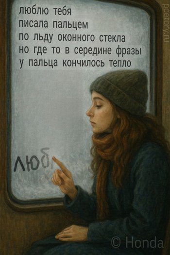 люблю тебя писала пальцем
по льду оконного стекла
но где то в середине фразы
у пальца кончилось тепло люблю тебя писала пальцем по льду оконного стекла но где то в середине фразы у пальца кончилось тепло — Honda, иллюстрация, 27 августа 2025, Поэторий