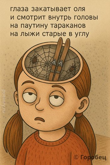 глаза закатывает оля
и смотрит внутырь головы
на паутину тараканов
на лыжи старые в углу глаза закатывает оля и смотрит внутырь головы на паутину тараканов на лыжи старые в углу — Горобец, иллюстрация, 03 сентября 2025, Поэторий
