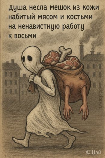 душа несла мешок из кожи
набитый мясом и костьми
на ненавистную работу
к восьми душа несла мешок из кожи набитый мясом и костьми на ненавистную работу к восьми — Цай, иллюстрация, 11 сентября 2025, Поэторий