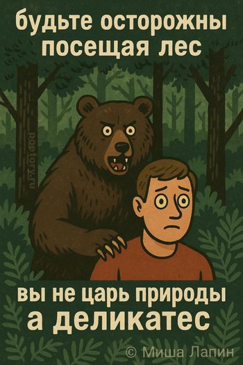 будьте осторожны
посещая лес
вы не царь природы
а деликатес будьте осторожны посещая лес вы не царь природы а деликатес — Миша Лапин, иллюстрация, 17 сентября 2025, Поэторий