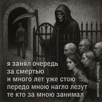 я занял очередь за смертью и много лет уже стою передо мною нагло лезут те кто за мною занимал — Микола, иллюстрация, 07 мая 2025, Поэторий