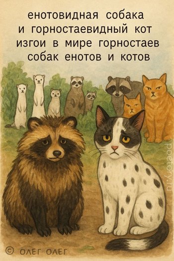 енотовидная собака
и горностаевидный кот
изгои в мире горностаев
собак енотов и котов енотовидная собака и горностаевидный кот изгои в мире горностаев собак енотов и котов — Олег Олег, иллюстрация, 25 сентября 2025, Поэторий