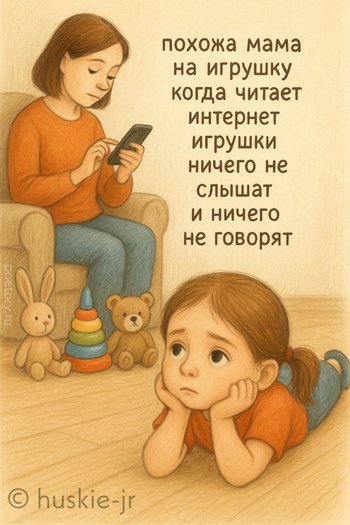 похожа мама на игрушку
когда читает интернет
игрушки ничего не слышат
и ничего не говорят похожа мама на игрушку когда читает интернет игрушки ничего не слышат и ничего не говорят — huskie-jr, иллюстрация, 01 октября 2025, Поэторий